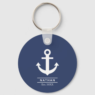 Navy Blue Washed Anchor Custom Monogram Name Keychain