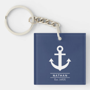 Navy Blue Washed Anchor Custom Monogram Name  Keychain