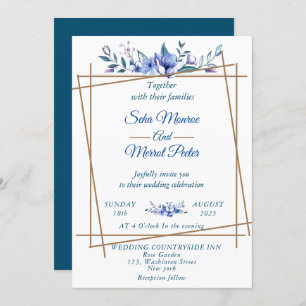 Navy blue waterclor rustic floral wedding invitation