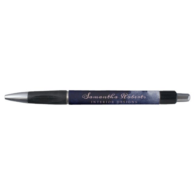  Navy Blue Watercolor Abstract Blush Pink Script Pen (Front)
