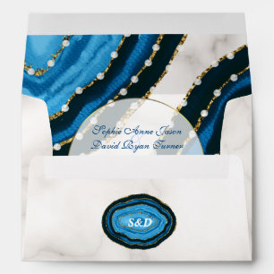 Navy Blue Watercolor Agate Pearls Return Address Envelope