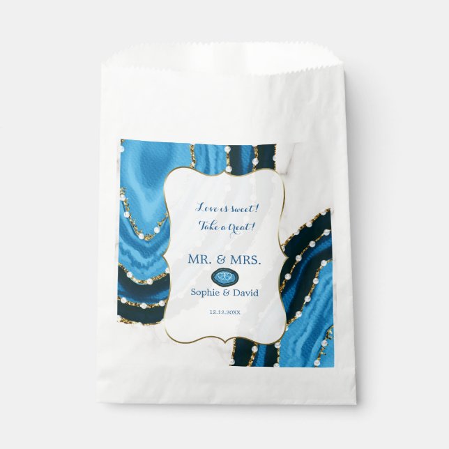 Navy Blue Watercolor Agate Pearls Wedding Favour Bag (Front)