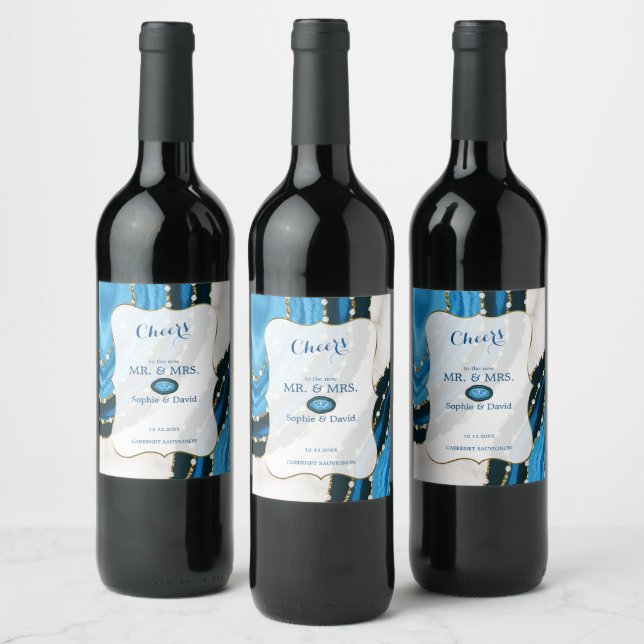 Navy Blue Watercolor Agate Pearls Wedding Wine Label (Bottles)