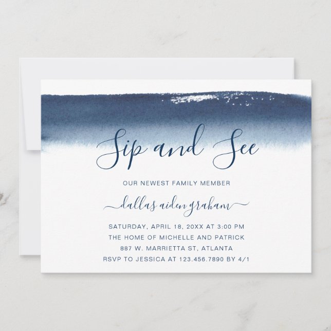 Navy Blue Watercolor Baby Boy Sip and See Invitation (Front)