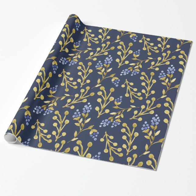 Navy Blue Watercolor Berry Floral  Wrapping Paper (Unrolled)