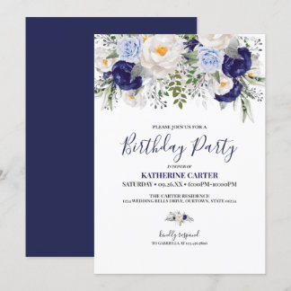 Navy Blue Watercolor Birthday Party Invitation