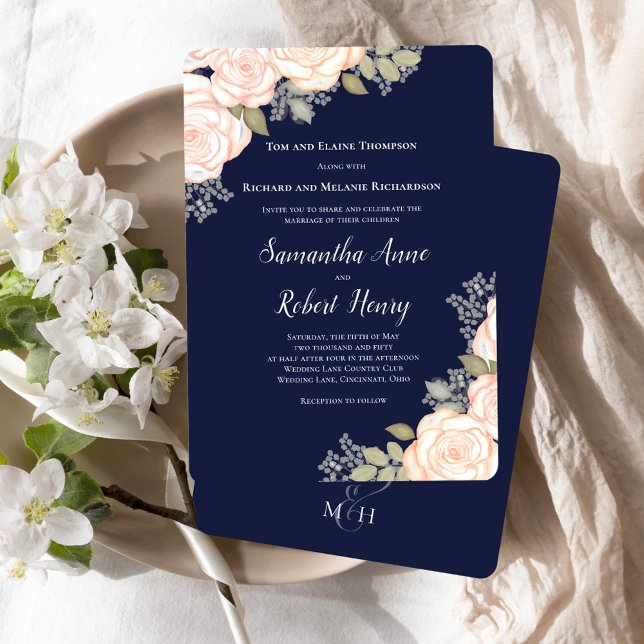 Navy Blue Watercolor Blush Floral Wedding  Invitation (Navy blue wedding invitation template with blush pink floral.)