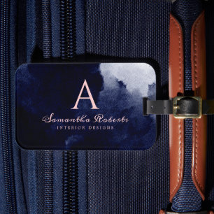 Navy Blue Watercolor Blush Pink Script Monogram Luggage Tag