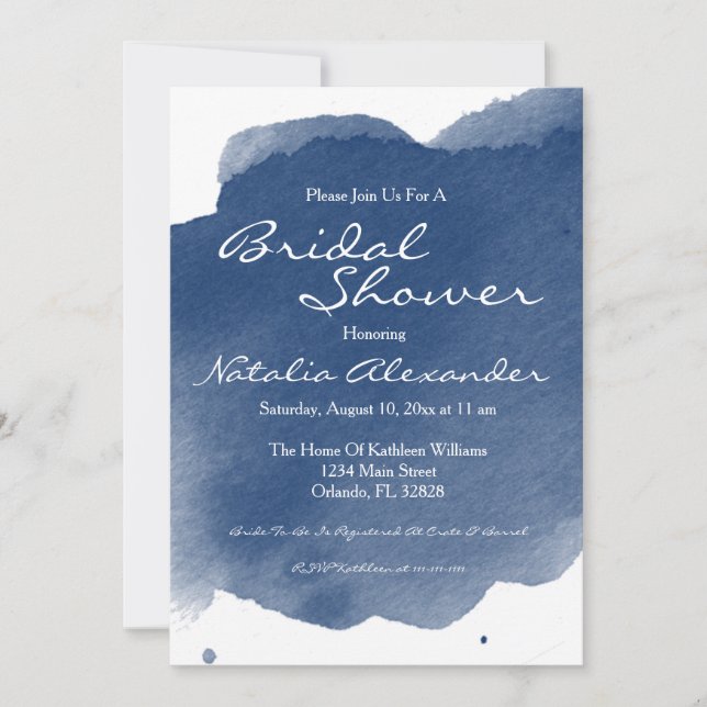 Navy Blue Watercolor Bridal Shower Invitation (Front)