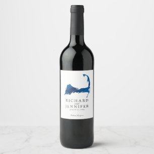 Navy Blue Watercolor Cape Cod Map Wedding Wine Label
