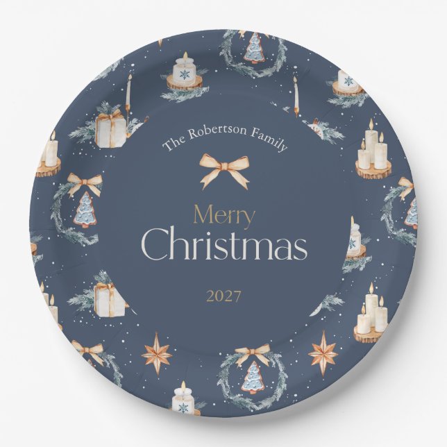 Navy Blue Watercolor Christmas Paper Plate (Front)