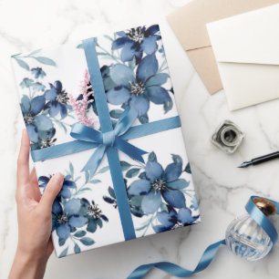 Navy Blue Watercolor Flora Pattern Wrapping Paper