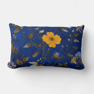 Navy Blue Watercolor Floral Boho Vintage Decor Lumbar Pillow