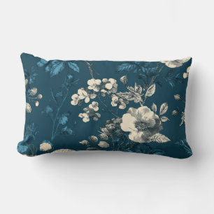 Navy Blue Watercolor Floral Boho Vintage Decor Lumbar Pillow