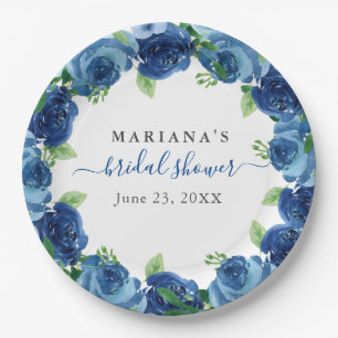 Navy Blue Watercolor Floral Bridal Shower Paper Plate
