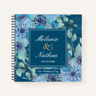Navy Blue Watercolor Floral Elegant Wedding Guest Notebook
