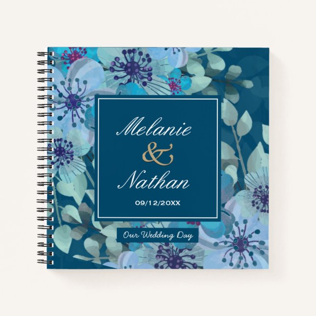 Navy Blue Watercolor Floral Elegant Wedding Guest Notebook (Front)