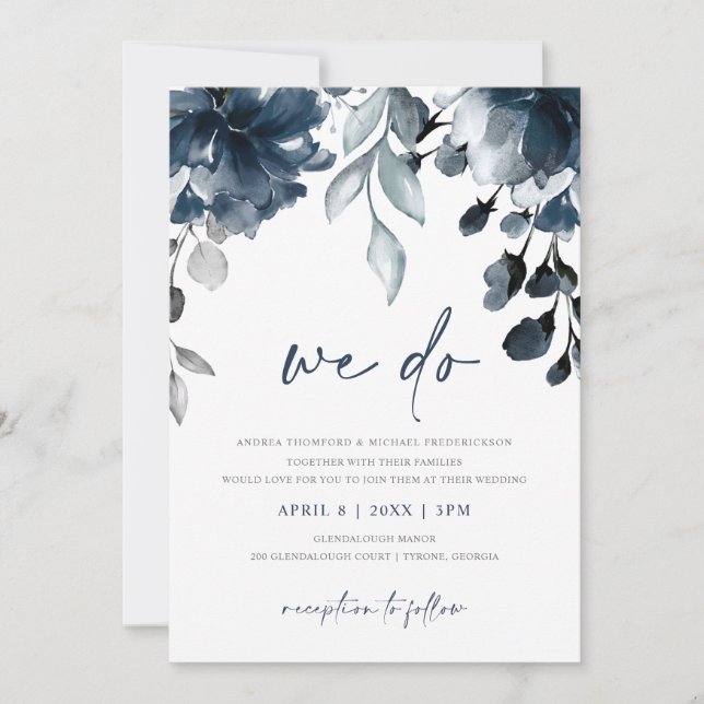 Navy Blue Watercolor Floral Garden Wedding Invitat Invitation (Front)
