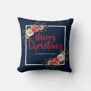 Navy Blue Watercolor Floral Merry Christmas Throw Pillow