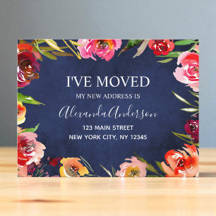 Navy Blue Watercolor Floral Moving Announcement