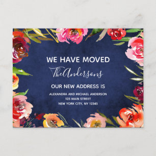 Navy Blue Watercolor Floral Moving Announcement Postcard