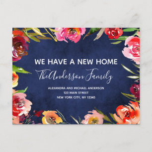 Navy Blue Watercolor Floral Moving Announcement Postcard