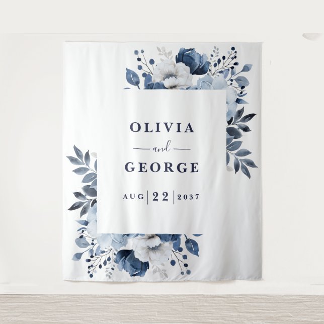Navy Blue Watercolor Floral Photo Booth Backdrop Tapestry (Front)