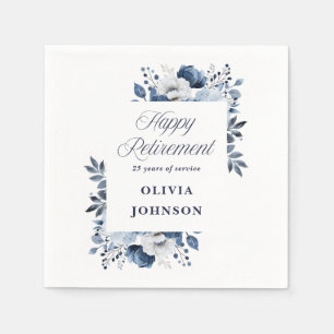 Navy Blue Watercolor Floral Retirement Party Napkin
