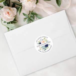 Navy Blue Watercolor Floral Return Address Classic Round Sticker