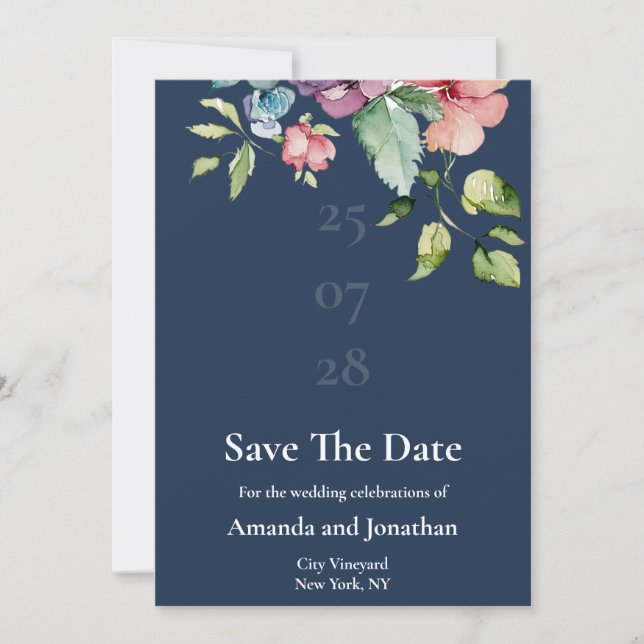 Navy Blue Watercolor Floral Save the Date Card (Front)