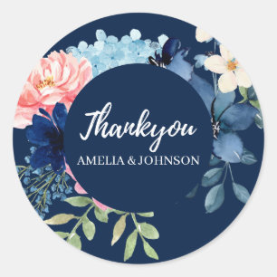 Navy blue watercolor floral wedding classic round sticker