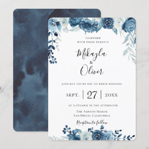 Navy Blue Watercolor Floral Wedding Invitation
