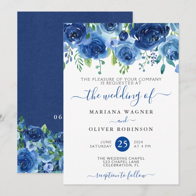Navy Blue Watercolor Floral Wedding Invitation (Front/Back)