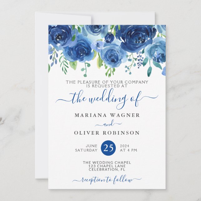 Navy Blue Watercolor Floral Wedding Invitation (Front)