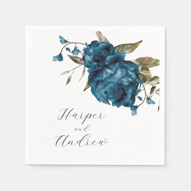 Navy Blue Watercolor Floral Wedding Napkin (Front)