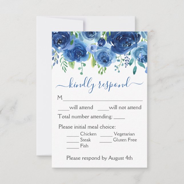 Navy Blue Watercolor Floral Wedding RSVP Card (Front)