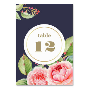 Navy Blue Watercolor Floral Wedding Table Number