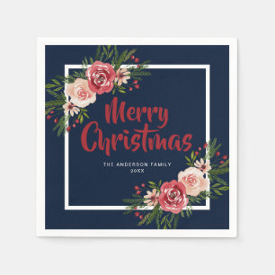 Navy Blue Watercolor Flowers Christmas Napkin