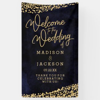 Navy Blue Watercolor Gold Confetti Wedding Welcome Banner
