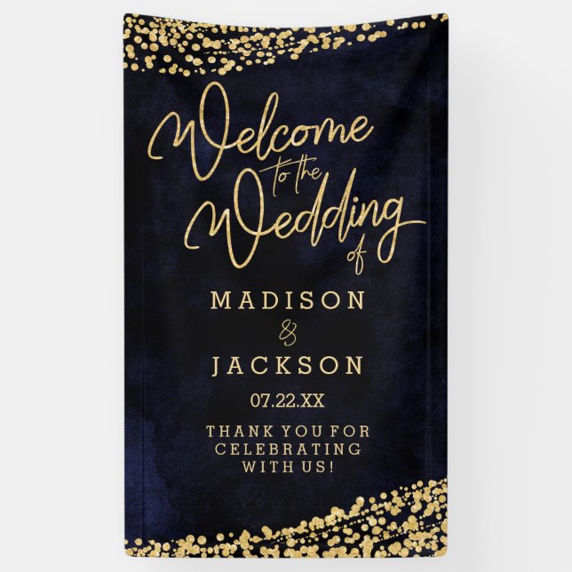 Navy Blue Watercolor Gold Confetti Wedding Welcome Banner (Vertical)