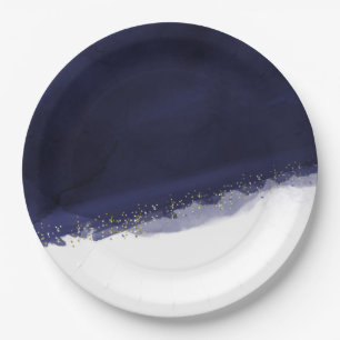 Navy Blue Watercolor & Gold Modern Chic Elegant Paper Plate