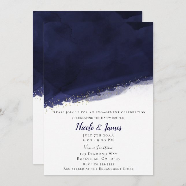 Navy Blue Watercolor & Gold Modern Chic Wedding Invitation (Front/Back)