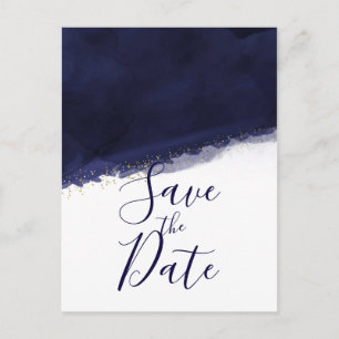 Navy Blue Watercolor & Gold Modern Save the Date Announcement Postcard