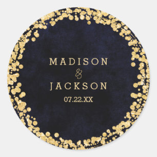 Navy Blue Watercolor & Gold Monogram Wedding Classic Round Sticker