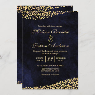 Navy Blue Watercolor & Gold Wedding Invitation