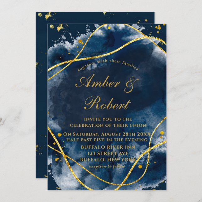 Navy Blue Watercolor Gold Wedding Invitations (Front/Back)