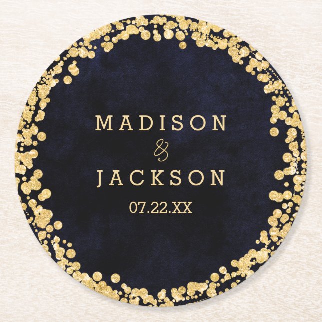 Navy Blue Watercolor & Gold Wedding Monogram Round Paper Coaster (Front)