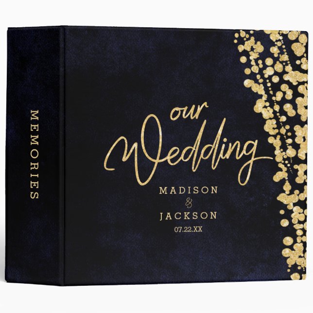 Navy Blue Watercolor & Gold Wedding Photo Album Binder (Front/Spine)
