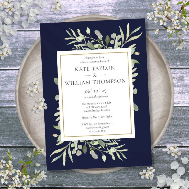 Navy Blue Watercolor Greenery Rehearsal Dinner Invitation (Navy Blue Watercolor Greenery Rehearsal Dinner Invitation)