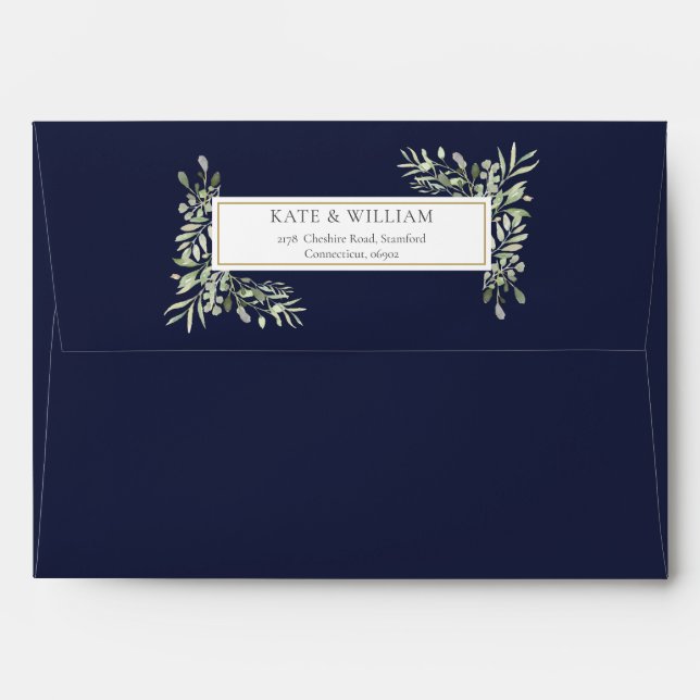Navy Blue Watercolor Greenery Wedding Envelope (Back (Top Flap))